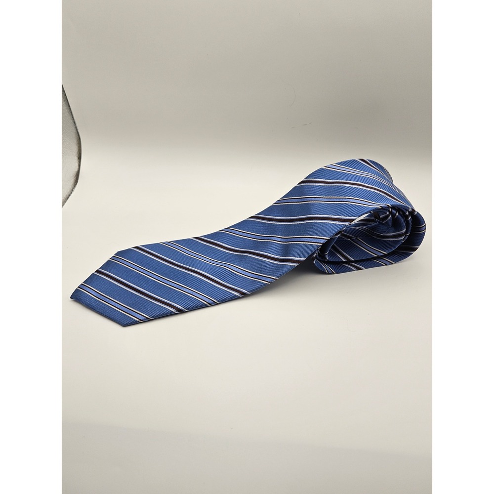 Tasso Elba Mens Venice Stripe‎ Silk Tie Blue Brown White Handmade EM201028 - Picture 2 of 6